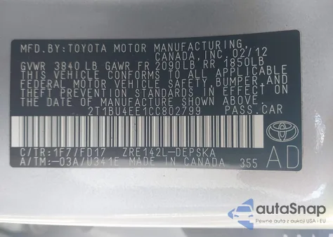 2012 Toyota Corolla S z USA, uszkodzony, nr VIN 2T1BU4EE1CC802799